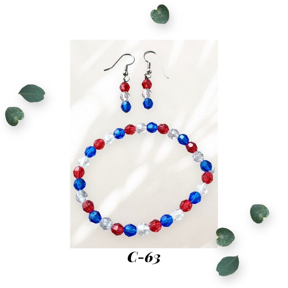 Patriotic - Red White Blue - Acrylic Stretch Bracelet and Earring Set